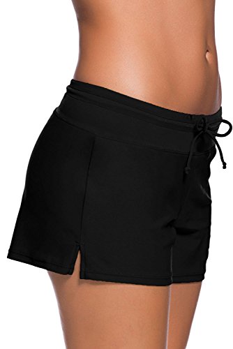 Yavero Shorts de Baño Mujer Bañador Short Deportes Acuáticos Shorts de Natación Secado Rápido Bikini Short Cortos con Cordón Ajustables Negro M