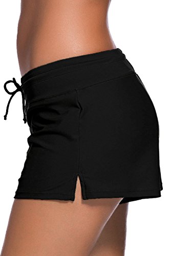 Yavero Shorts de Baño Mujer Bañador Short Deportes Acuáticos Shorts de Natación Secado Rápido Bikini Short Cortos con Cordón Ajustables Negro M