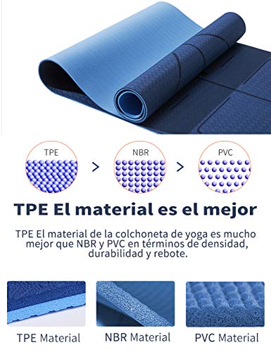 YAWHO Colchoneta de Yoga Esterilla Yoga Material medioambiental TPE,Modelo:183cmx66cm Espesor:6milímetros,Tapete de Deporte Grande y Antideslizante,Correas y Mochilas como Regalos (Blue)