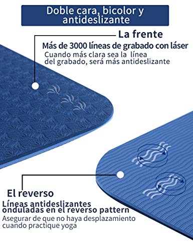 YAWHO Colchoneta de Yoga Esterilla Yoga Material medioambiental TPE,Modelo:183cmx66cm Espesor:6milímetros,Tapete de Deporte Grande y Antideslizante,Correas y Mochilas como Regalos (Blue)