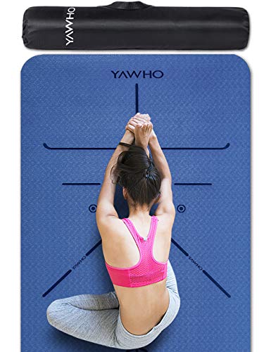 YAWHO Colchoneta de Yoga Esterilla Yoga Material medioambiental TPE,Modelo:183cmx66cm Espesor:6milímetros,Tapete de Deporte Grande y Antideslizante,Correas y Mochilas como Regalos (Blue)