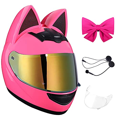 YAYT Casco Bluetooth para Motocicleta Cat Ears, Lazo Rosa Lente Antivaho Transparente Juego De Casco Integral Anticolisión para Carreras Todoterreno Aprobado por Dot