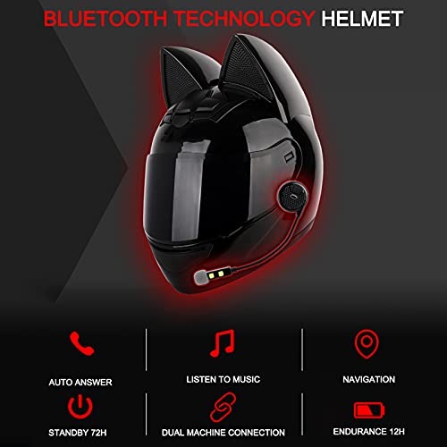 YAYT Casco De Cara Completa Bluetooth para Motocicleta, con Lazo Rojo + Lente Antivaho Transparente + Guantes + Mascarilla Casco De Oreja De Gato 50-62cm Aprobado por Dot