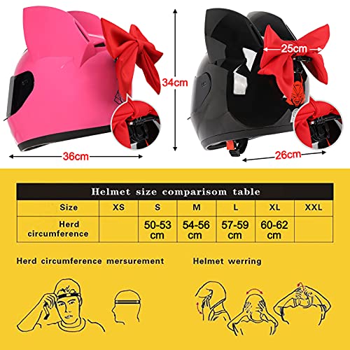 YAYT Casco De Moto Girl Cat Ears, Lazo Rosa Auriculares Bluetooth Lente Antivaho Transparente Carreras Todoterreno Casco Integral Anticolisión Aprobado por Dot