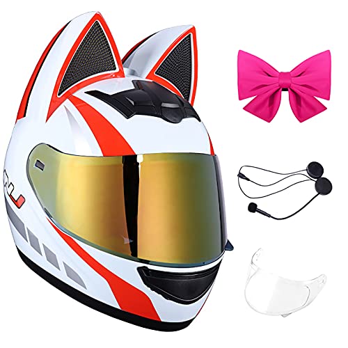 YAYT Casco Integral para Motocicleta Girl Cat Ears, Visera Dorada con Auricular Bluetooth + Lazo Rosa + Lente Transparente Antivaho Casco Anticolisión Aprobado por Dot