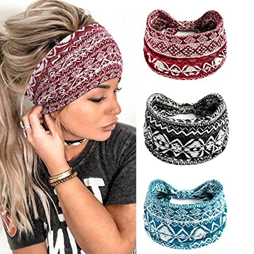 Yean Diadema ancha para yoga, diseño de flores rojas, banda elástica para la cabeza, bufandas de tela, turbante anudado, accesorios para el cabello para mujeres y niñas (paquete de 3)