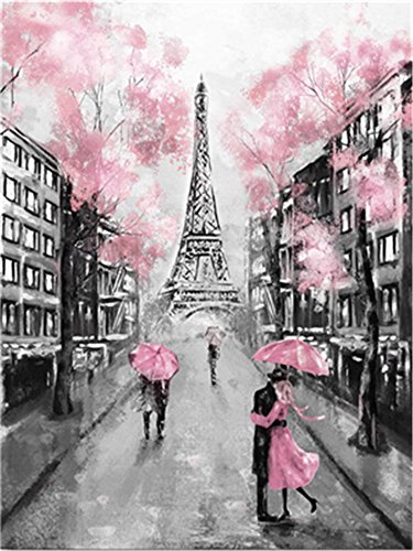 YEESAM ART Novedades para pintar por números, adultos, niños, Torre Eiffel, Romántico, flores de cerezo, flores rosas, 40 x 50 cm, lienzo de lino, DIY, pintura al óleo, regalo de Navidad