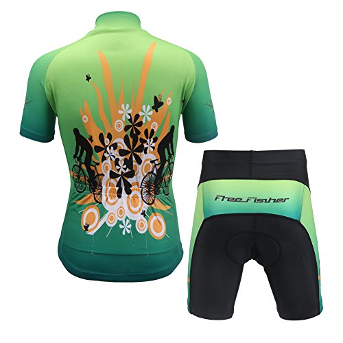 YFCH Niños Maillots de Ciclismo Jersey de Manga Corta + Culotte Pantalones Traje Conjunto de Bicicleta para Deportes al Aire Libre, Verde con Ciclista, 8-9 años/L