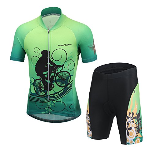 YFCH Niños Maillots de Ciclismo Jersey de Manga Corta + Culotte Pantalones Traje Conjunto de Bicicleta para Deportes al Aire Libre, Verde con Ciclista, 8-9 años/L