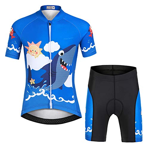 YFPICO Niños Traje de Ciclismo Transpirable para Deportes al Aire Libre Ropa Ajustada Cuerpo Pantalones + Tops Especial de la Almohadilla, Azul tiburón Tops+Pantalones, M (4-6 años)