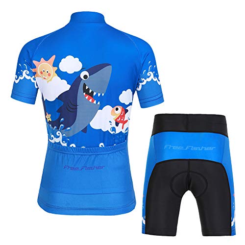 YFPICO Niños Traje de Ciclismo Transpirable para Deportes al Aire Libre Ropa Ajustada Cuerpo Pantalones + Tops Especial de la Almohadilla, Azul tiburón Tops+Pantalones, M (4-6 años)