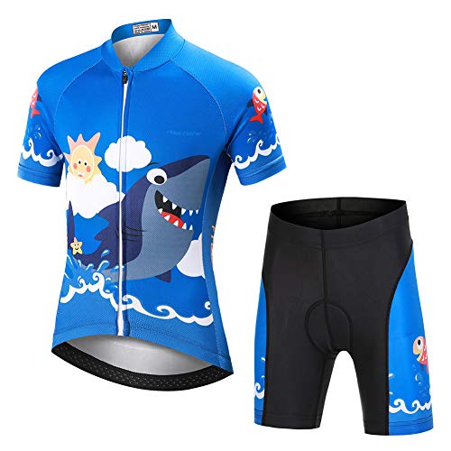 YFPICO Niños Traje de Ciclismo Transpirable para Deportes al Aire Libre Ropa Ajustada Cuerpo Pantalones + Tops Especial de la Almohadilla, Azul tiburón Tops+Pantalones, M (4-6 años)