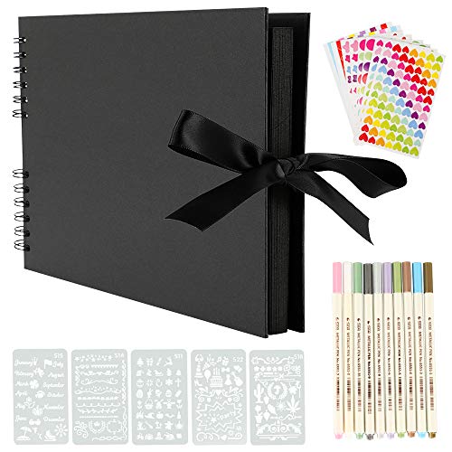 YILEEY Album de Fotos para Pegar y Escribir Scrapbook, 80 Páginas Negras, DIY Scrapbooking Set con 10 rotuladores 5pcs Plantillas 6pcs Pegatinas y 2pcs Photo Corners, Original Regalos