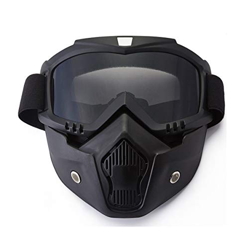 YIQI Motocicleta Gafas de máscara de Motocross con extraíble y Filtro de Boca para Vintage Cascos (Marco Negro, Lente Gris)
