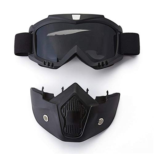 YIQI Motocicleta Gafas de máscara de Motocross con extraíble y Filtro de Boca para Vintage Cascos (Marco Negro, Lente Gris)