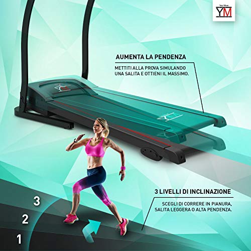 YM TAP140 Cinta de Correr Eléctrica Plegable 14 km/h, Compatible App Kinomap y Zwift, Bluetooth, Sensor Cardíaco, Entrada de Audio y Altavoces, Inclinación Manual, Display Multifunción, Ruedas