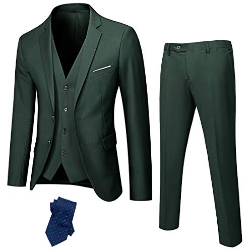 YND Conjunto de traje de 3 piezas de ajuste delgado para hombre, chaqueta de chaqueta de chaqueta sólida y pantalones de corbata, De Color Verde Oscuro, XL