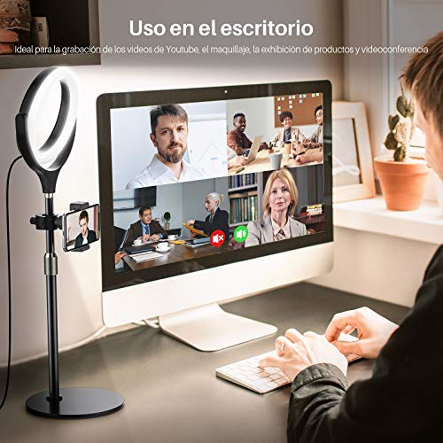 Yoozon Anillo de Luz LED fotográfica de Escritorio, 3 Colores y 10 Brillos. Altura Ajustable con Soporte de teléfono para Selfie, Videoconferencia, Youtube Video, Maquillaje, Transmisión en vivo