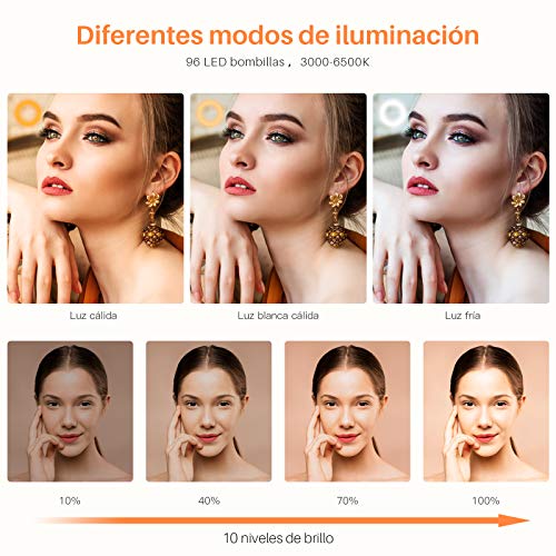 Yoozon Anillo de Luz LED fotográfica de Escritorio, 3 Colores y 10 Brillos. Altura Ajustable con Soporte de teléfono para Selfie, Videoconferencia, Youtube Video, Maquillaje, Transmisión en vivo