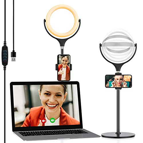 Yoozon Anillo de Luz LED fotográfica de Escritorio, 3 Colores y 10 Brillos. Altura Ajustable con Soporte de teléfono para Selfie, Videoconferencia, Youtube Video, Maquillaje, Transmisión en vivo