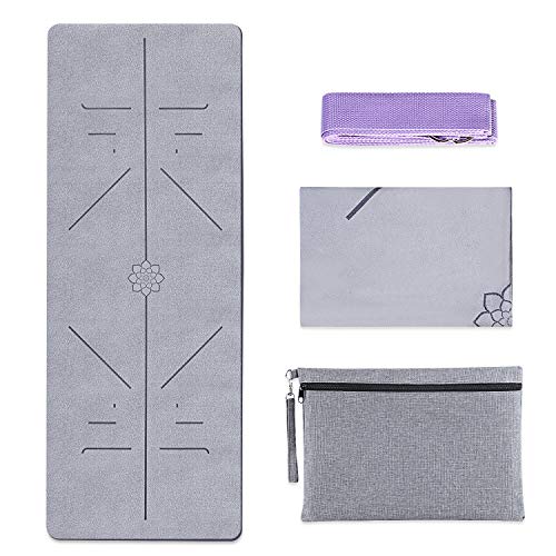 YOSHAWN 1mm Plegable Yoga Esterilla par Viajes, Antideslizante, Diseño Fino, Respetuosa Material, Líneas Auxiliares, Ligera Yoga Esterilla par Pilates Bolsa Transporte Interior Exterior Navidad(Gris)