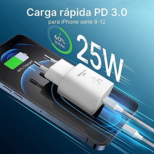 Yosou Cargador USB C,25W Cargador iPhone Carga Rápida PD 3.0 Tipo C y Cable 2M para Cargador Rapido para iPhone 13/13 Pro/13 Pro Max/13 Mini/12/12 Pro/12 Pro Max/12Mini/11/11 Pro MAX/SE 2020/X/iPad