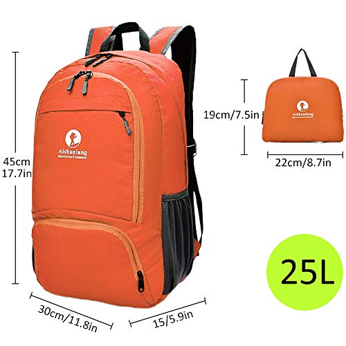 Young Min Mochila Plegable Ligera 25L, Mochila Compact Impermeable Bolso de Viaje para Hombre Mujer Nylon Resistente para Senderismo, Camping, Ciclismo Deportes al Aire Libre (Naranja)