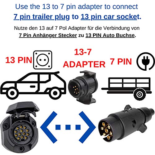 Your Day Mate Adaptador eléctrico de 13 a 7 Pines, Conector de Remolque para Coche y Caravanas, incluida Cubierta de Caucho para Bola de Remolques, Impermeable, ISO 11446 e ISO 1724, 12 V