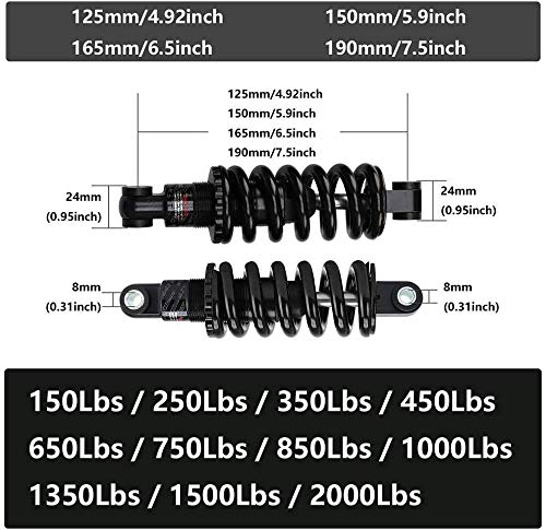 YUANKEXIANG Amortiguador Trasero de Bicicleta, Resorte de suspensión para Downhill MTB XC, Scooter eléctrico de Cola Suave, Bicicleta Plegable, 125/150/165/190 mm-150 mm_1000 Libras