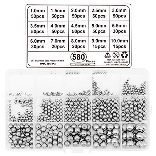 Yuhtech 580 Pcs 15 Bolas de Rodamiento de Tamaño de Acero Inoxidable, Bolas de Precisión de 1 mm a 10 mm para Ruedas de Bicicleta, Rodamientos de Patineta