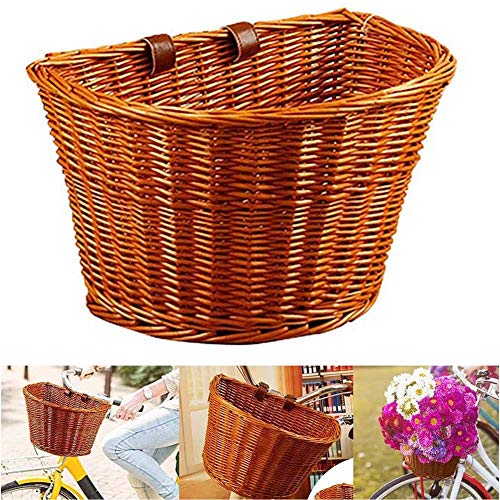 Yusea Cesta de mimbre vintage para bicicleta, cesta de mimbre en forma de D, portátil, tejida a mano, cesta de la compra con correas de cuero