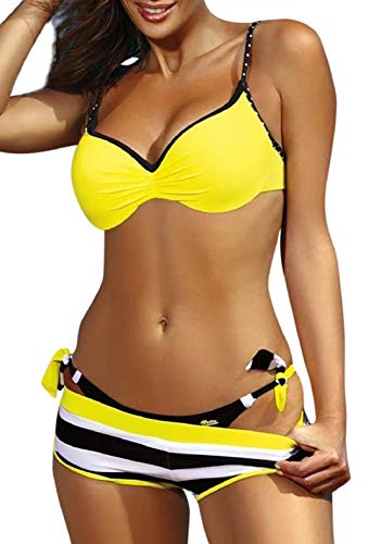 Yuson Girl Conjuntos De Bikini Plunge Sexy Mujer Trajes De Baño De Tres Dos Piezas Cuello Halter Tirantes con Bañador Natacion Shorts Bano Braga Thong Bikini Talle Alto Top Bikini Push Up Bra