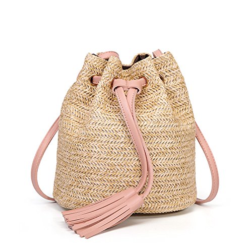 YWLINK Bolso Mujer Borde Tejido De Pasto De Color Puro CordóN CordóN De Gran Capacidad Bolsa De Hombro Bolsa Bolso Del Cubo Del Hombro De Las Borlas De La Armadura Mochila De Viaje (Talla unica, Rosa)