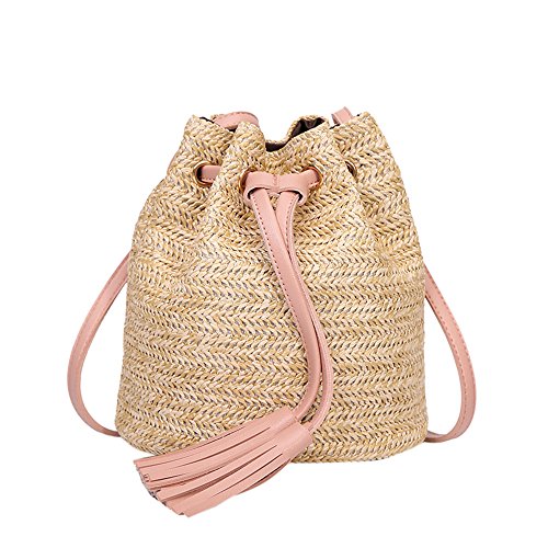 YWLINK Bolso Mujer Borde Tejido De Pasto De Color Puro CordóN CordóN De Gran Capacidad Bolsa De Hombro Bolsa Bolso Del Cubo Del Hombro De Las Borlas De La Armadura Mochila De Viaje (Talla unica, Rosa)