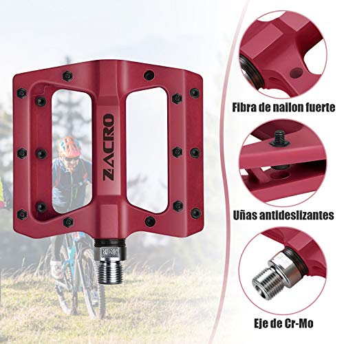 Zacro Pedales Bicicleta MTB de Montaña Ligeros, Pedales Bicicletas Montaña de Nylon Antideslizante Durable con 2 cojinetes, para Universal Bicicleta de Carretera BMX MTB Road Bici 9/16 Pulgadas -Rojo