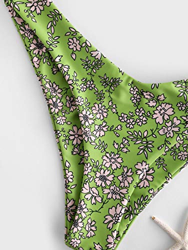 ZAFUL Bikini Set de Dos Piezas Floral Corte Alto Bikini con Arco & V Bañador para Mujer (Verde, L)