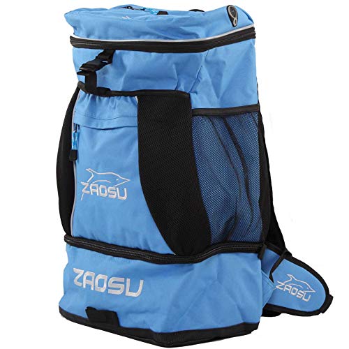 ZAOSU Mochila para triatlón y natación, 45 litros, con compartimento para ropa de natación después de la competición o entrenamiento, color azul neón