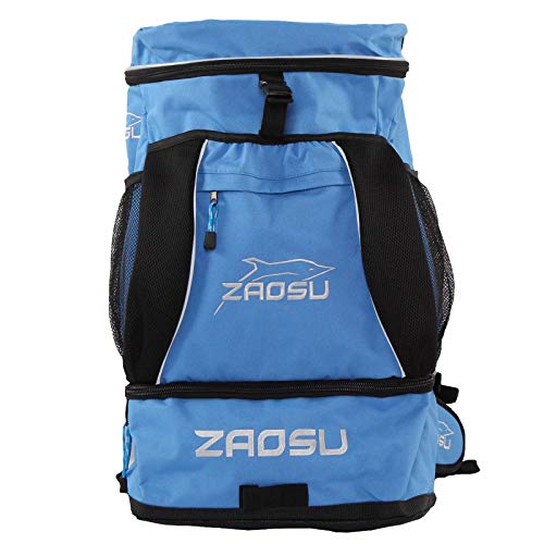 ZAOSU Mochila para triatlón y natación, 45 litros, con compartimento para ropa de natación después de la competición o entrenamiento, color azul neón