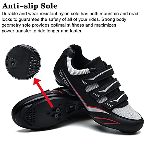 Zapatilla de Ciclismo MTB Hombre para Carretera y Montaña Calzado de Ciclismo para Hombre Antideslizantes Ligera Triple Tira de Gancho y Bucle Negro,46 EU