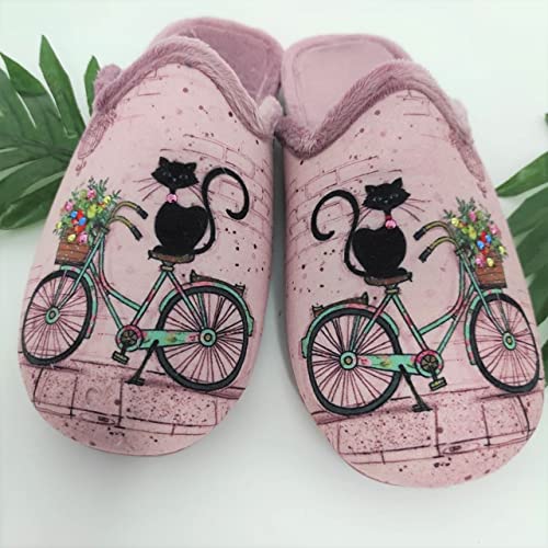 Zapatillas Casa Mujer Fantasía Invierno | Chinela Juvenil Dibujos Plana Abiertas y de Calidad Hechas en España - Antideslizante (Gato Bicicleta, Numeric_36)