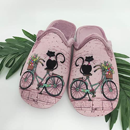 Zapatillas Casa Mujer Fantasía Invierno | Chinela Juvenil Dibujos Plana Abiertas y de Calidad Hechas en España - Antideslizante (Gato Bicicleta, Numeric_36)