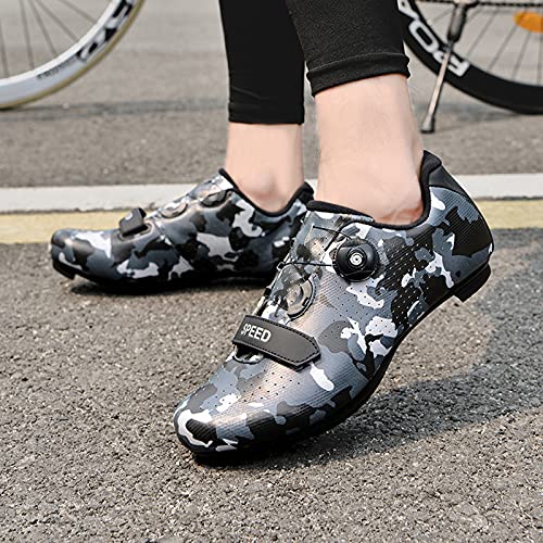 Zapatillas Ciclismo Hombres Mujeres, Zapatillas Bicicleta MTB Camuflaje para Bicicleta De Carretera, Compatibles con Cordones Giratorios SPD Look Delta Cycle Riding Cleat (Camo White,45 (EU 45))