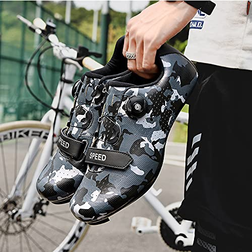 Zapatillas Ciclismo Hombres Mujeres, Zapatillas Bicicleta MTB Camuflaje para Bicicleta De Carretera, Compatibles con Cordones Giratorios SPD Look Delta Cycle Riding Cleat (Camo White,45 (EU 45))