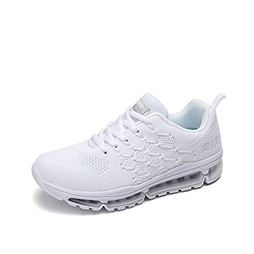 Zapatillas Running Hombre Mujer Deportivas Air Zapatos Deportivos Transpirables Sneakers Calzado Deporte Correr Gimnasio Aire Libre Tenis Asfalto Negro Blanco 877Blanco 38