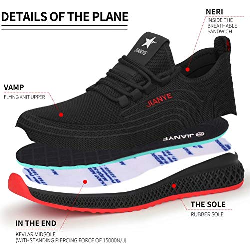 Zapatos de Trabajo Mujer Hombre Zapatillas de Seguridad Ligeras S3 Transpirable con Punta de Acero Anti-aplastante Negro Rojo 38