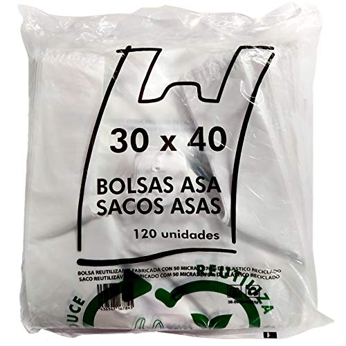 ZCENTER 120 uds Bolsas de Plástico Tipo Camiseta Resistentes, Reutilizables y 70% Recicladas, Tamaño 30x40 cm