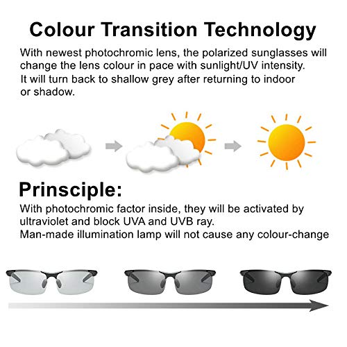 ZealBea Focus Polarizadas Gafas de Sol, UV400 Protege Lentes con Lente fotocromática, Aleación de Al-MG, Bisagra de Resorte, Gafas Ligeras para Hombres Conducen, Pescan, Juegan Aire Libre (Gris)