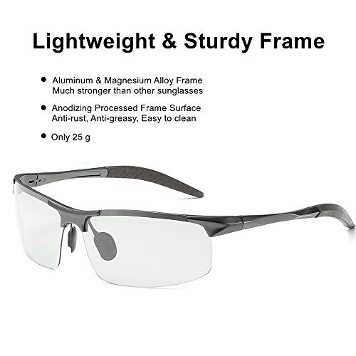 ZealBea Focus Polarizadas Gafas de Sol, UV400 Protege Lentes con Lente fotocromática, Aleación de Al-MG, Bisagra de Resorte, Gafas Ligeras para Hombres Conducen, Pescan, Juegan Aire Libre (Gris)