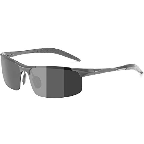 ZealBea Focus Polarizadas Gafas de Sol, UV400 Protege Lentes con Lente fotocromática, Aleación de Al-MG, Bisagra de Resorte, Gafas Ligeras para Hombres Conducen, Pescan, Juegan Aire Libre (Gris)