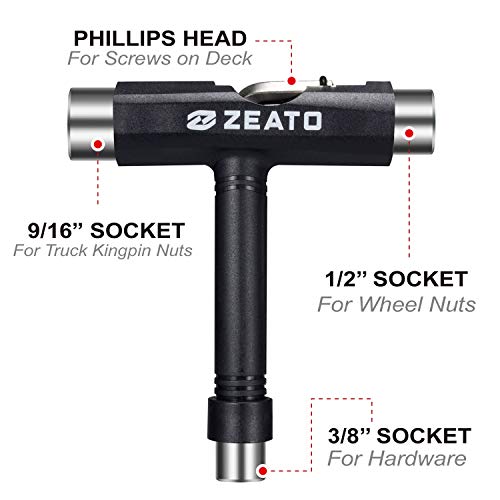 Zeato All-in-One Skate Tools Multi-Function Portable Skateboard T Tool Accessory with T-Type Allen Key and L-Type Phillips Head Wrench Screwdriver - Black…